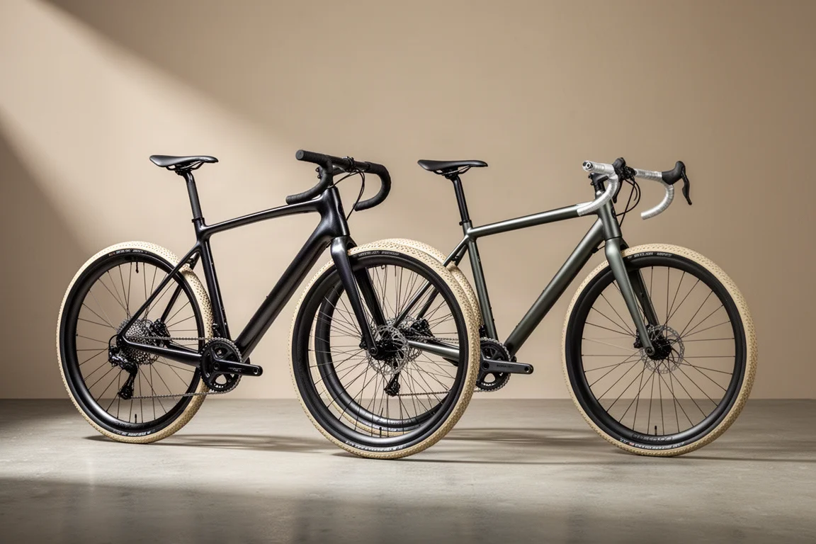 Carbon gravel bike and alloy gravel bike side by side on a concrete floor