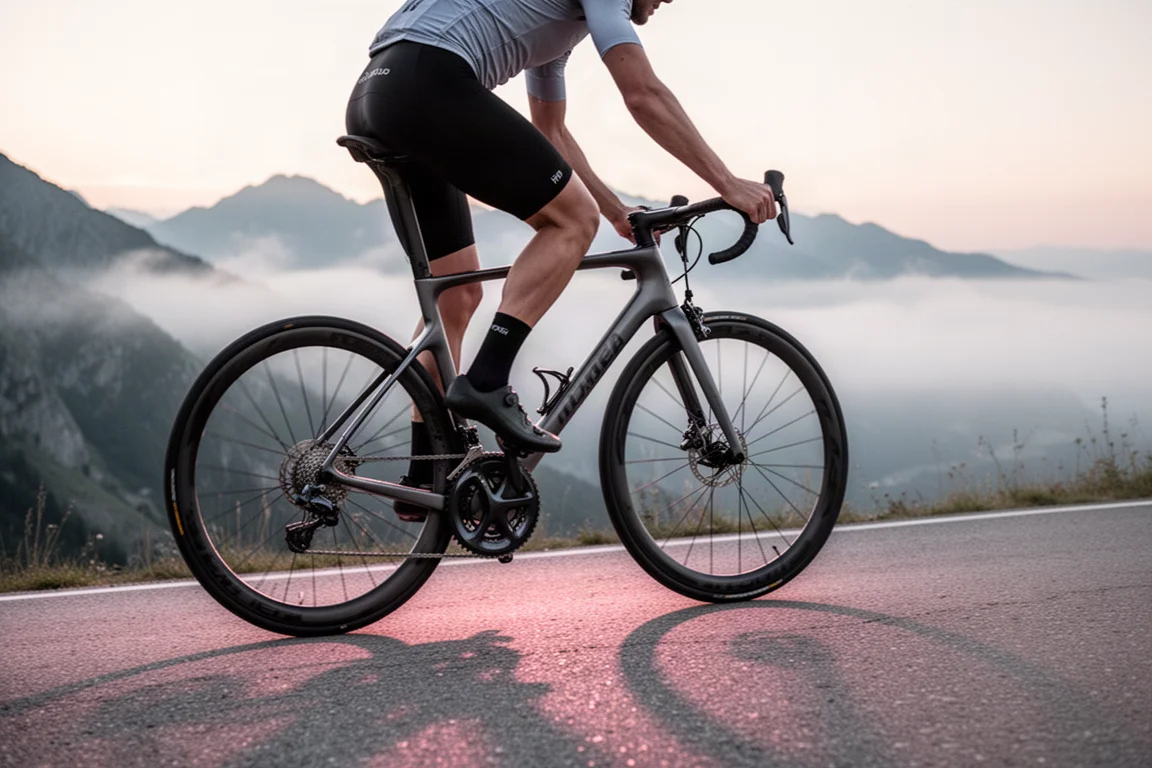 Ciclista subiendo una carretera empinada al amanecer con niebla en el valle