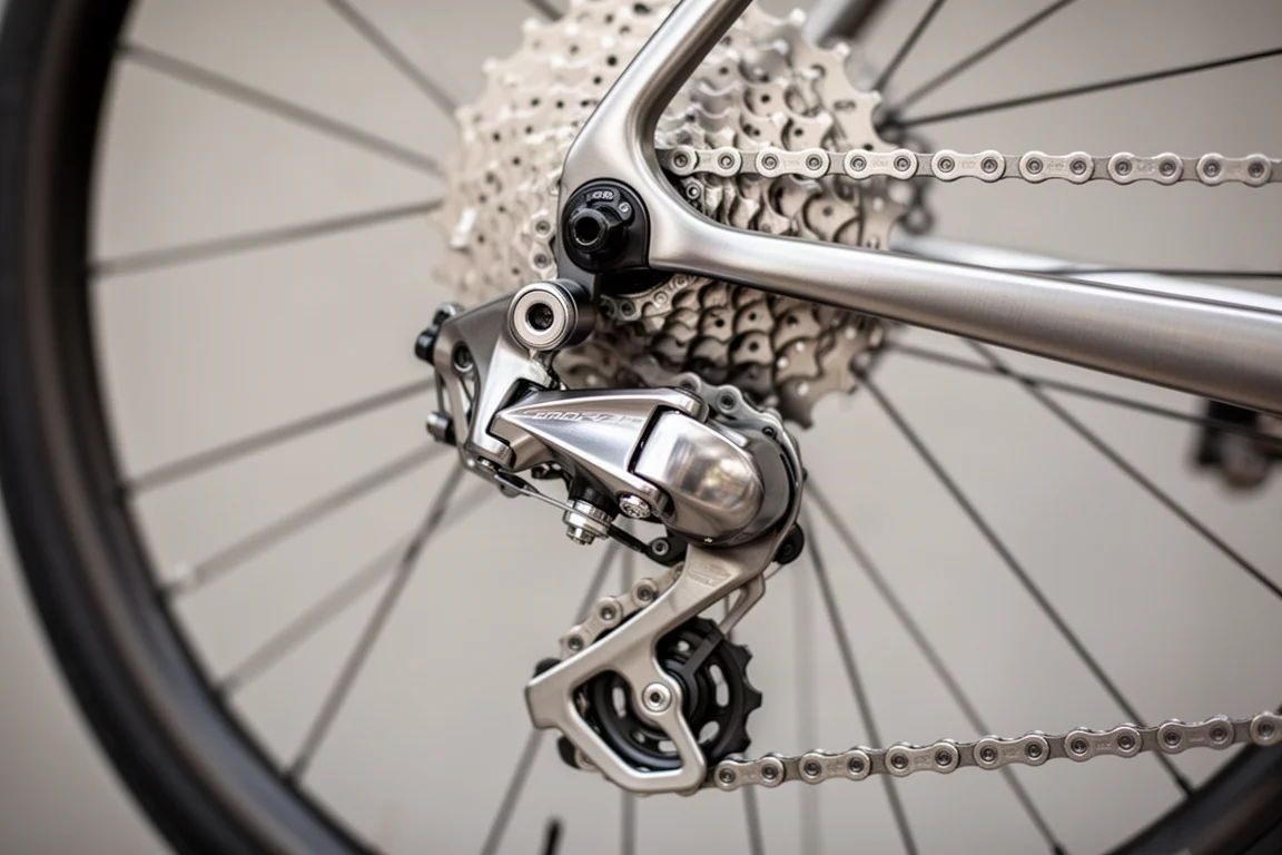 Primer plano del desviador trasero y el casete de una bici de carretera con luz suave