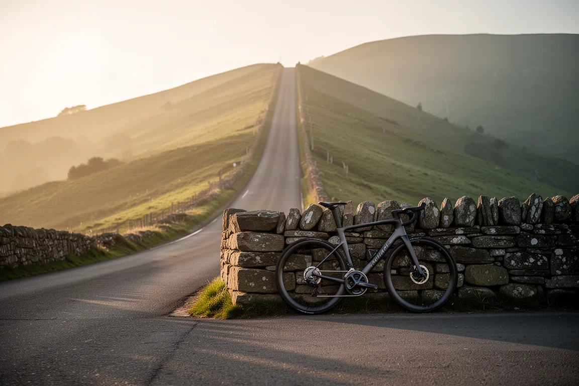 Bicicleta de carretera apoyada en un muro de piedra al amanecer antes de subir un puerto