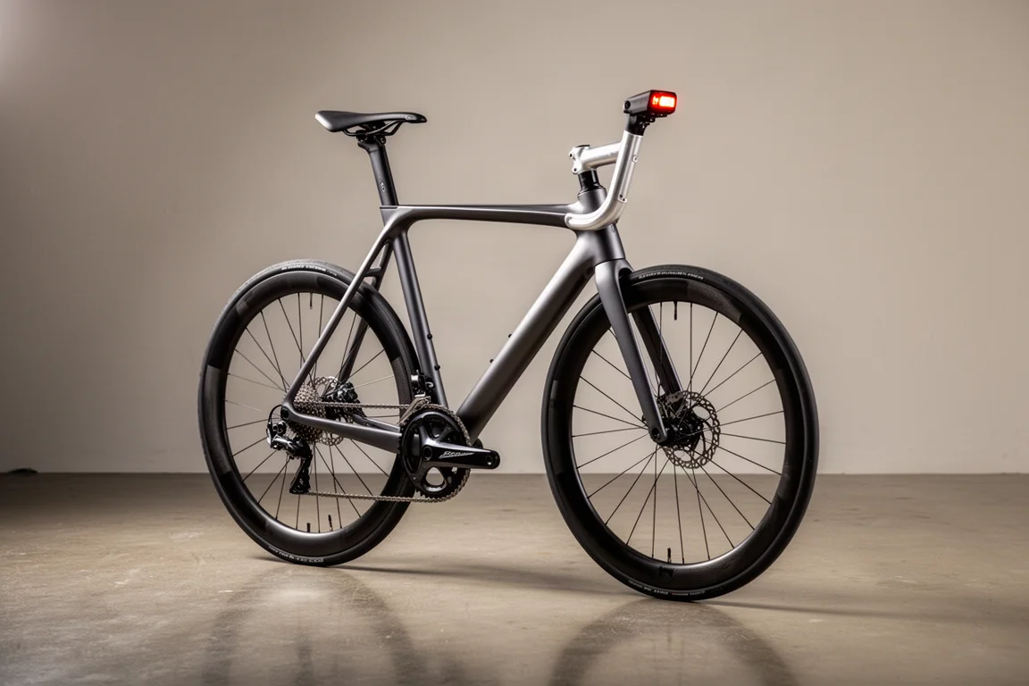 Lightweight carbon road bike in matte charcoal with deep-section carbon wheels on a concrete floor