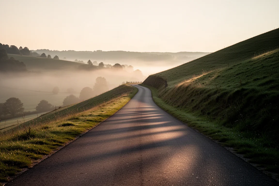 Schmale Asphaltstraße, die bei Goldener Stunde einen grünen Hügel hinaufführt, mit Nebel im Tal