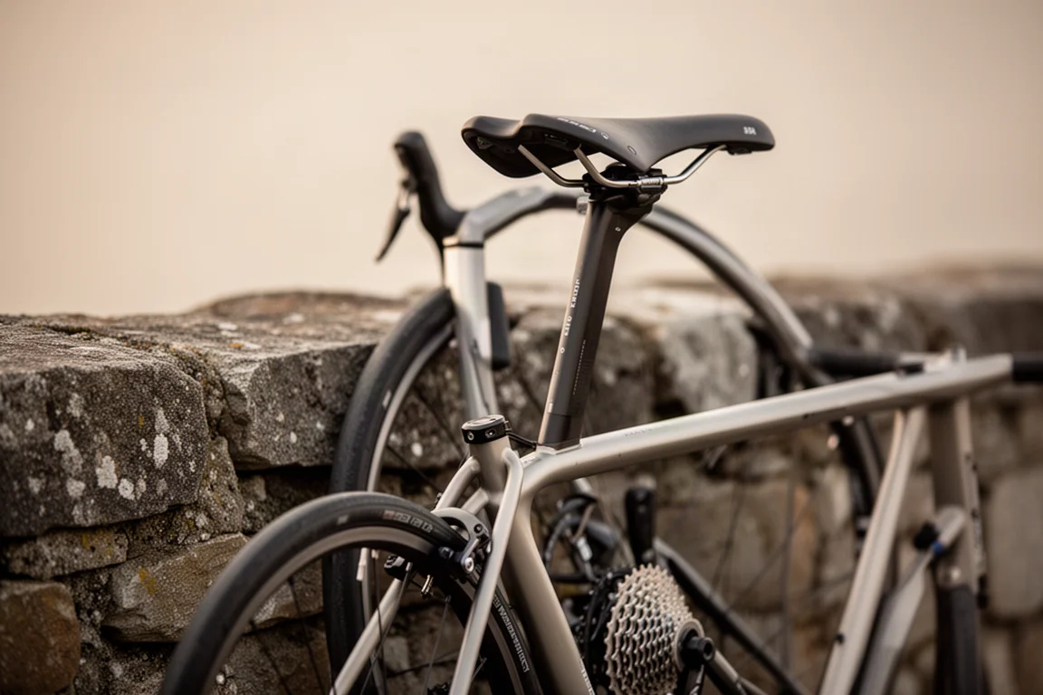 Rennrad lehnt an einer Steinmauer, Sattel und Hinterrad in weichem Fokus