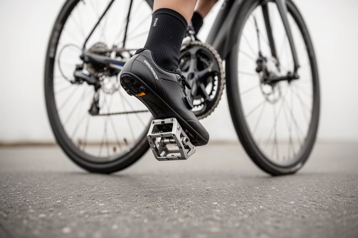 Tiefwinkelaufnahme eines Rennradpedals und Radschuhs in der Mittelstellung auf glattem Asphalt