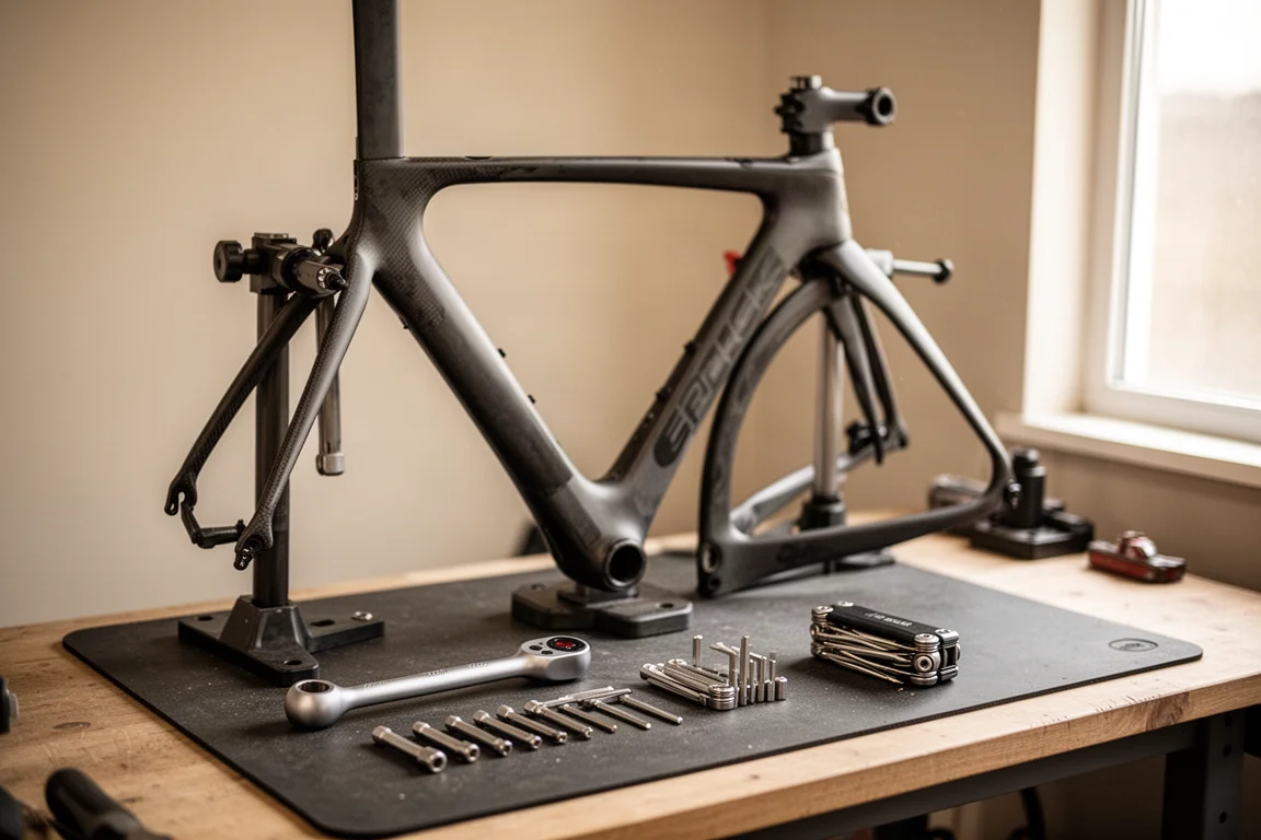 Werkbank mit Rennrad im Montageständer und ausgelegten Handwerkzeugen