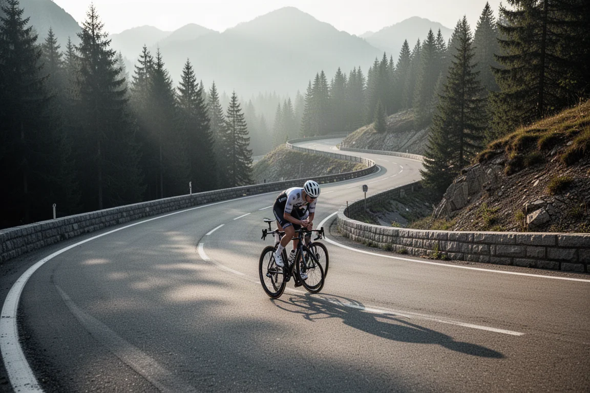 Route de montagne en lacets au lever du soleil avec des cyclistes au loin dans la montée