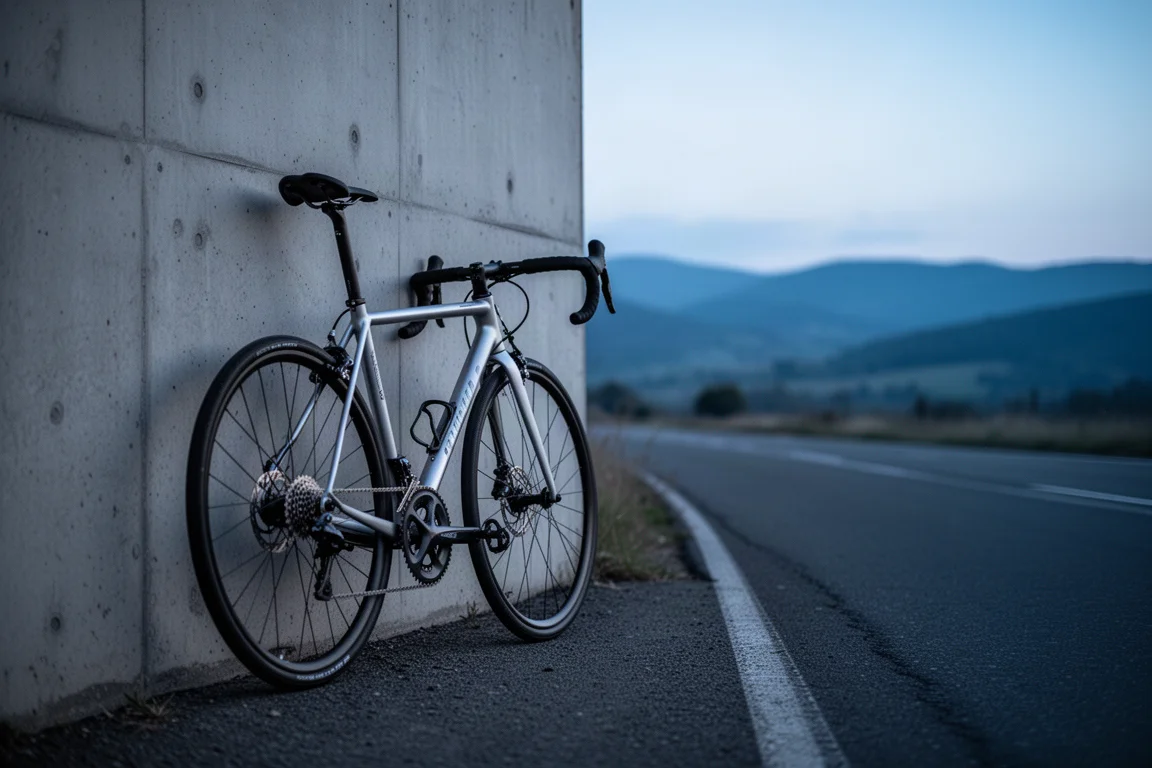 Cycliste sur route descendant une route de campagne fluide dans la lumière de fin d'après-midi