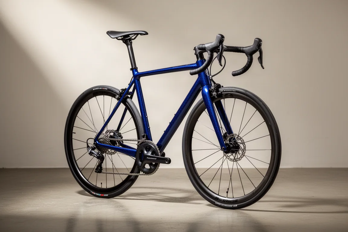 Lightweight carbon road race bike in profile with integrated cockpit and carbon rims