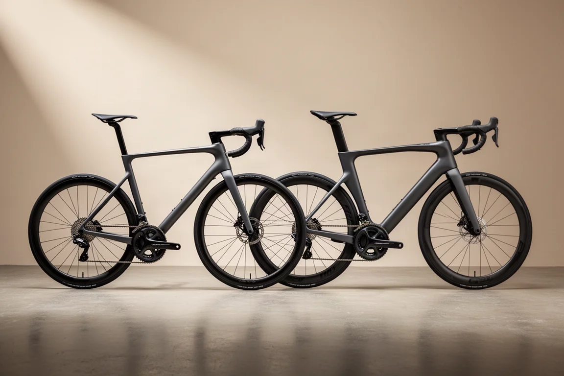 Two carbon road racing bikes side by side on a concrete surface