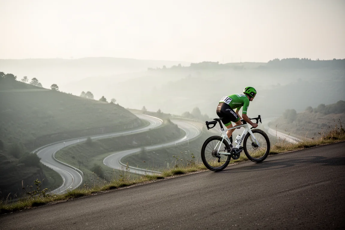 Gruppo di ciclisti su strada che pedala su una strada collinare di campagna nella luce morbida del mattino