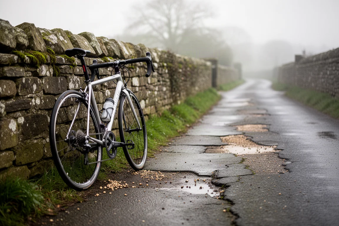 Ciclista su strada che sale su una stradina di campagna sconnessa e rattoppata