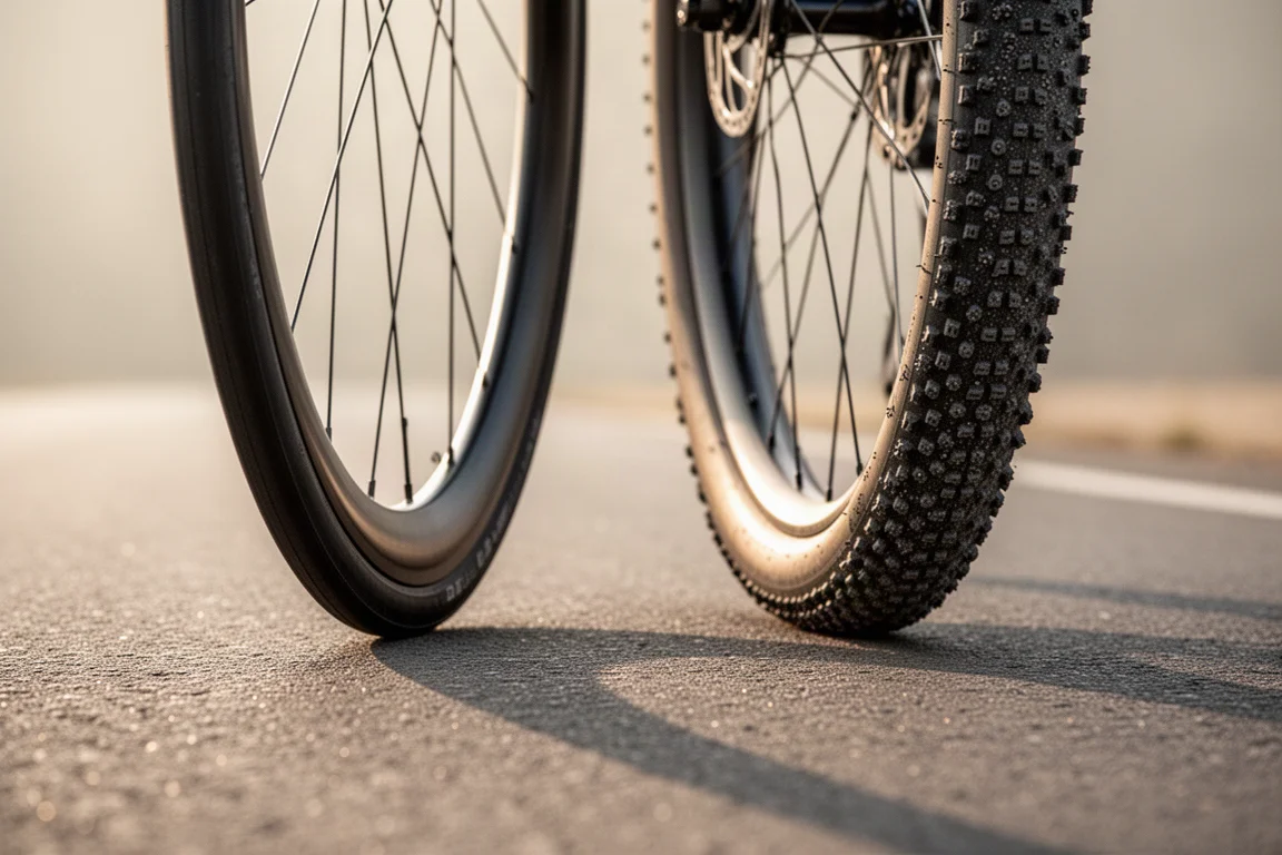Close-up of a narrow slick road tire and a wider knobbly gravel tire side by side on tarmac