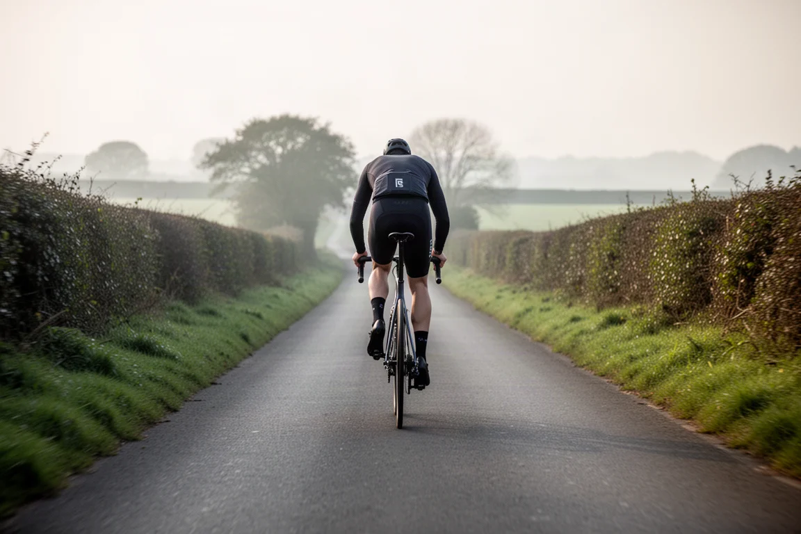 Cyclist riding a road bike along an empty country lane in soft morning light
