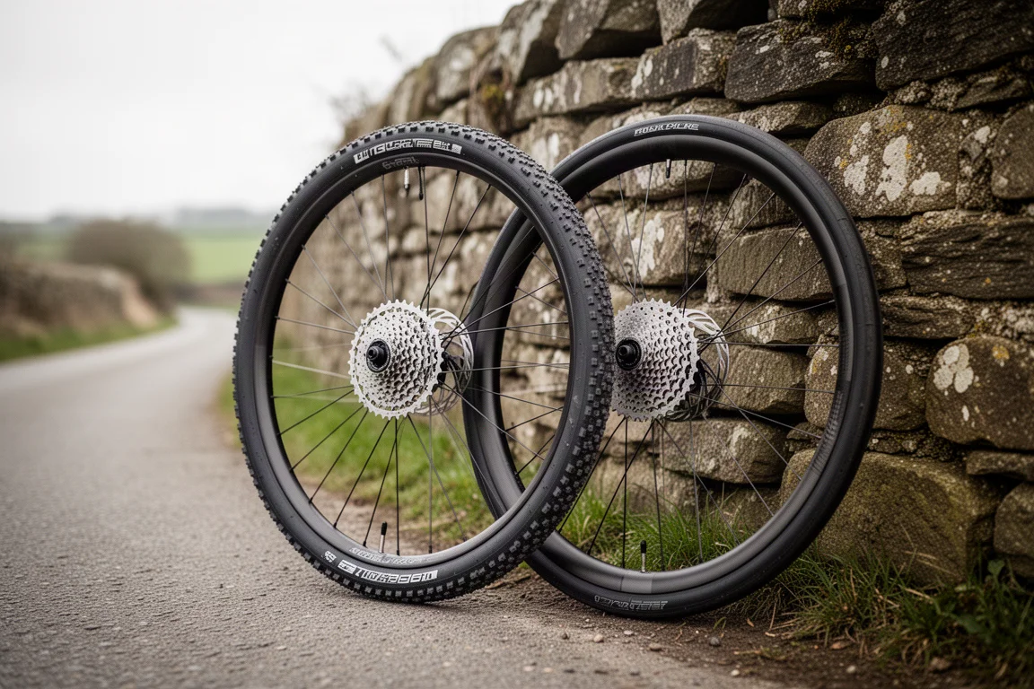Spare bicycle wheelset leaning against a stone wall with slick and gravel tires