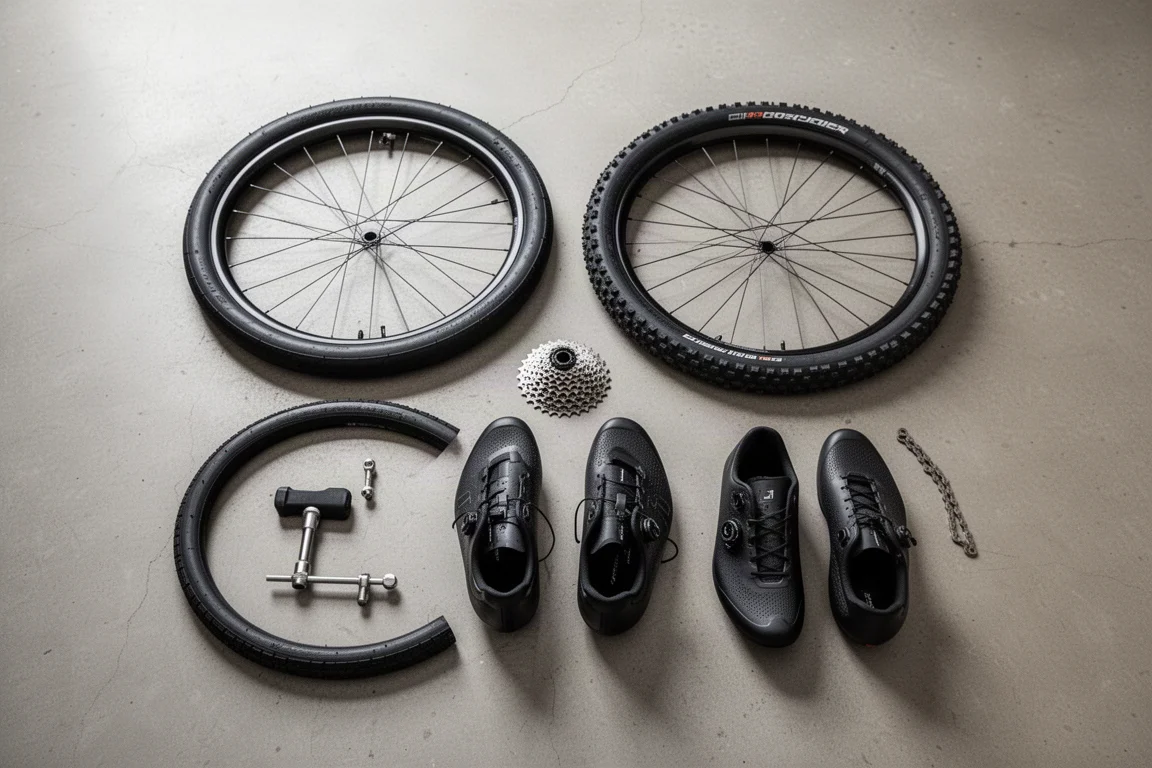 Overhead flat-lay of two bicycle tires, a cassette, cycling shoes and a chain tool on concrete