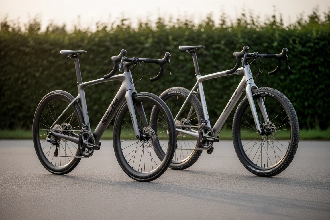 Two Scott Addict bikes, a road model and a gravel model, side by side on grey tarmac
