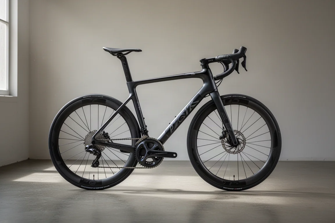 Bici da corsa leggera in carbonio con cerchi profondi ripresa di profilo su sfondo neutro