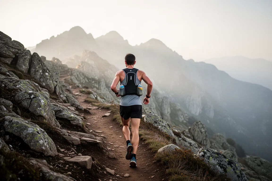 Trail runner su un sentiero di montagna impervio con un gilet idrico