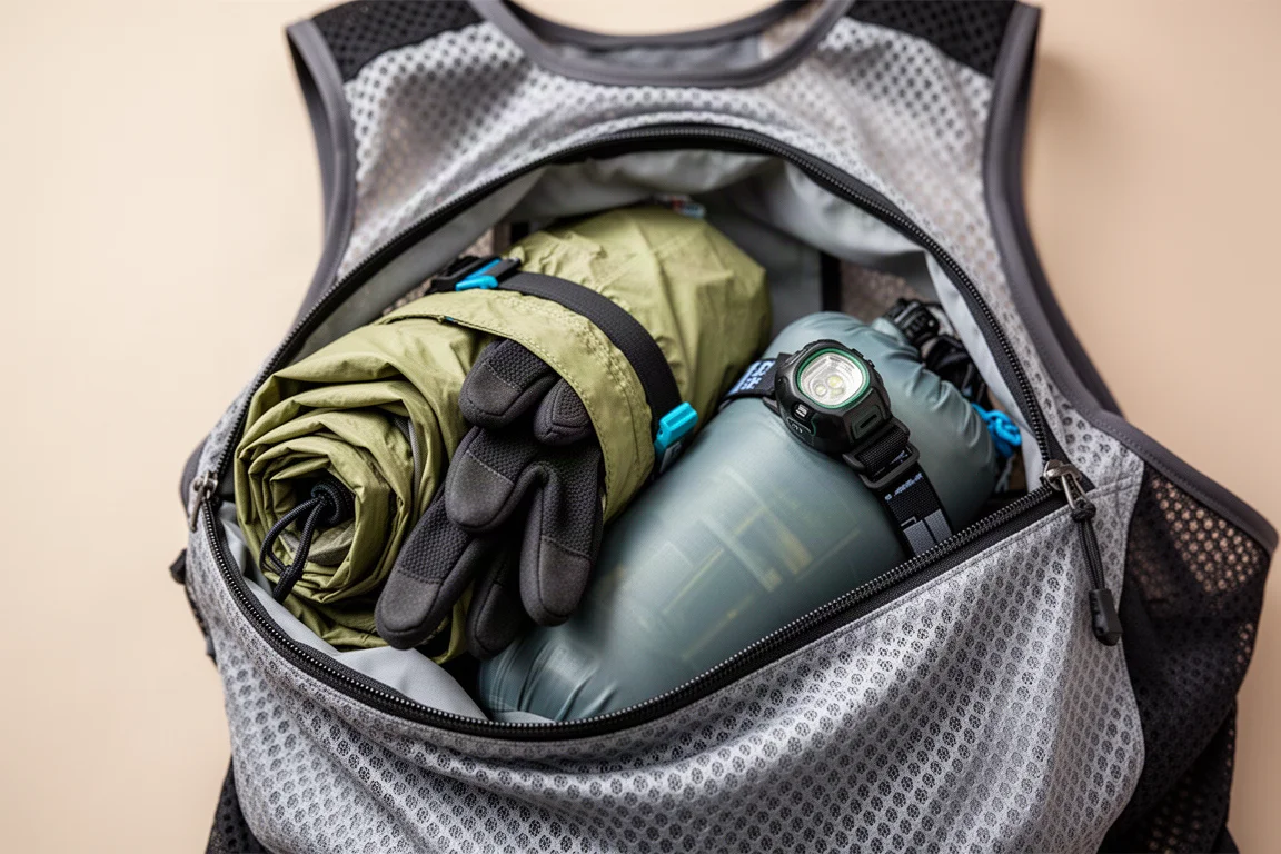 Scomparto posteriore aperto di un gilet da running pieno di attrezzatura da trail