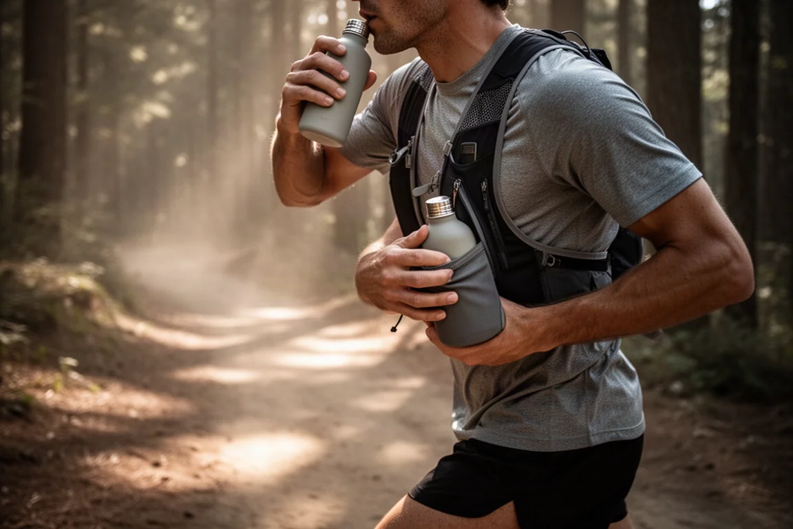 Runner che beve da una soft flask mentre corre su un sentiero