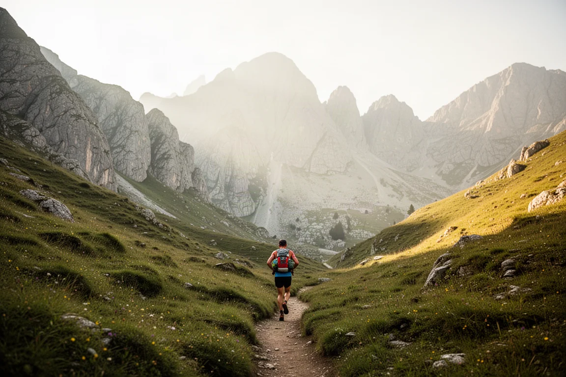 Scena di sentiero di montagna in Austria con runner in condizioni calde