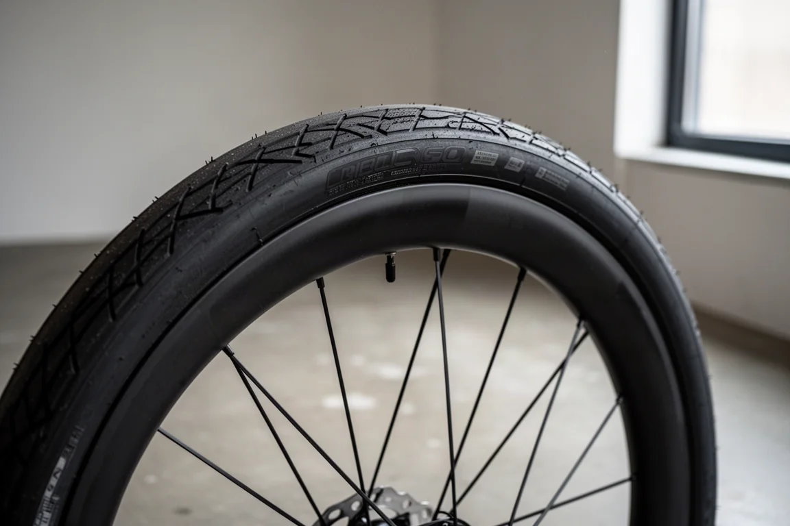 單車輪組的寬輪圈上裝有寬身無內胎公路輪胎