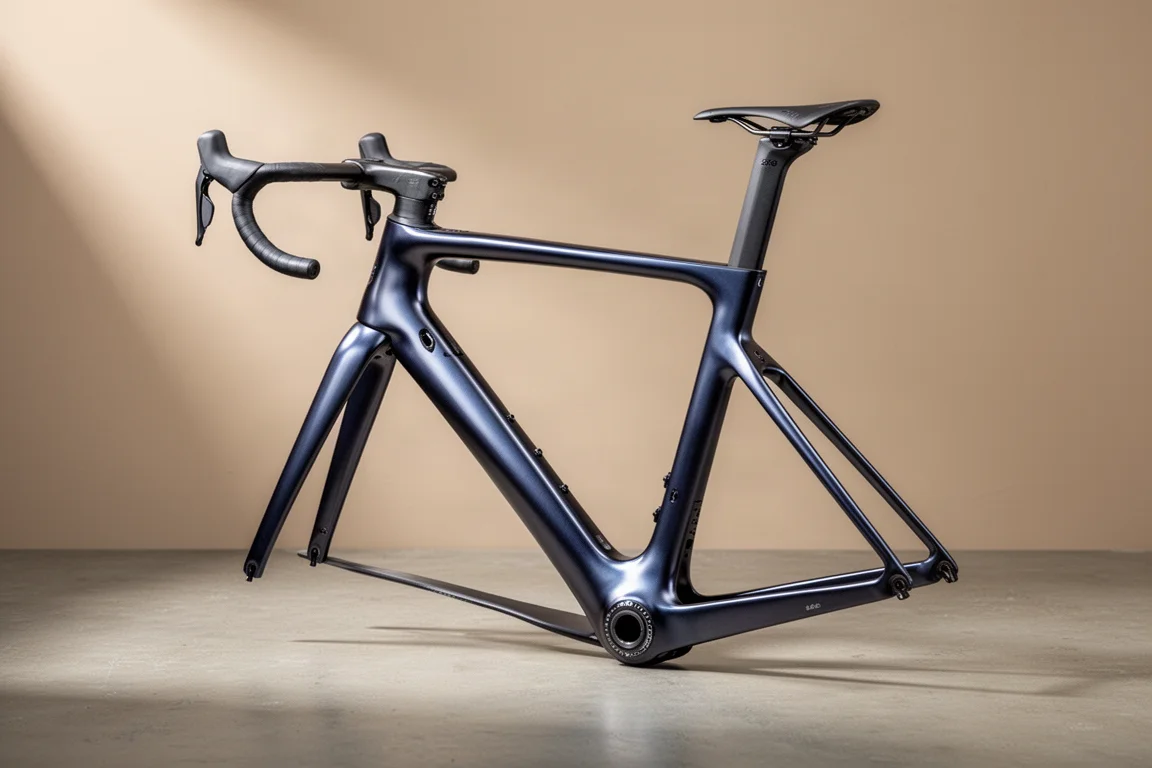 Aero road bike frame set with integrated handlebar and seat post on concrete surface