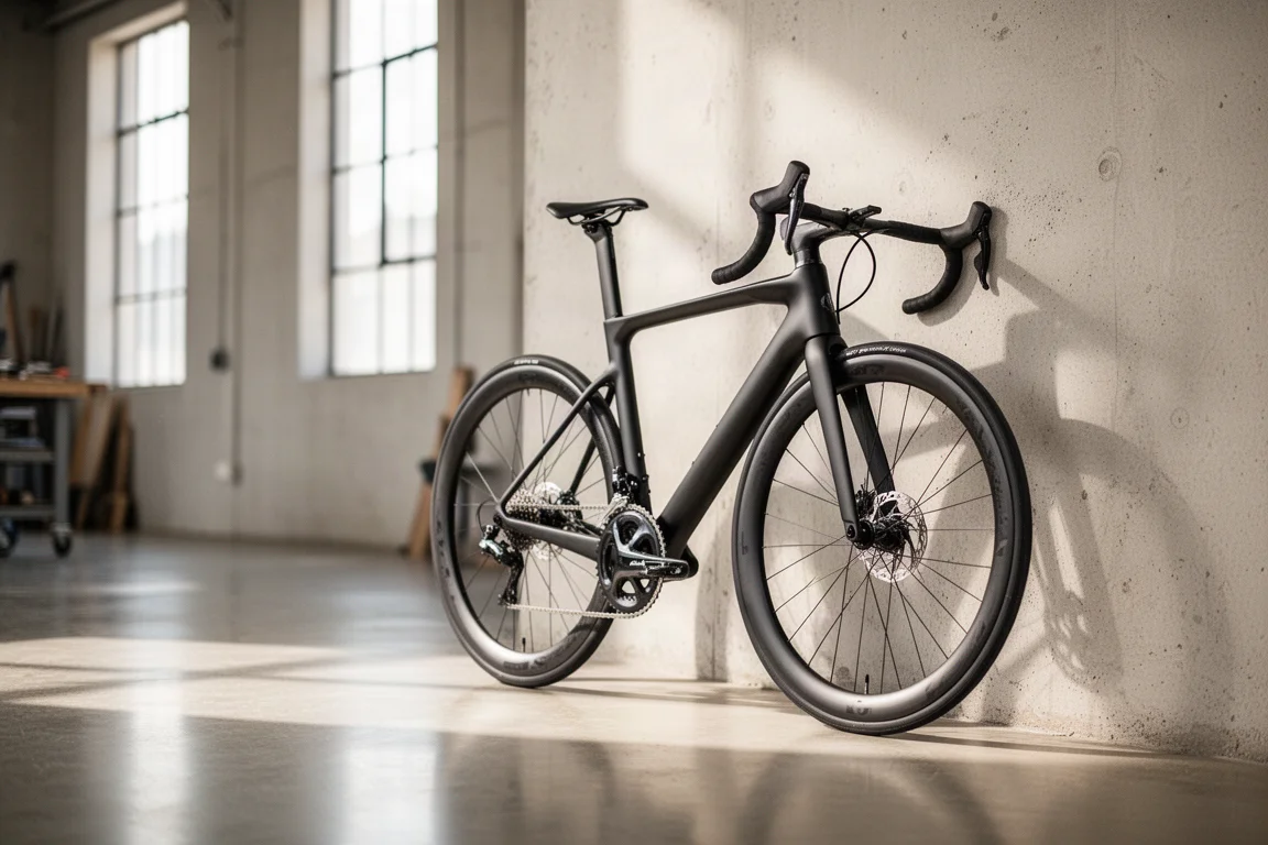 Bicicleta de carretera aero apoyada contra una pared en un taller industrial luminoso
