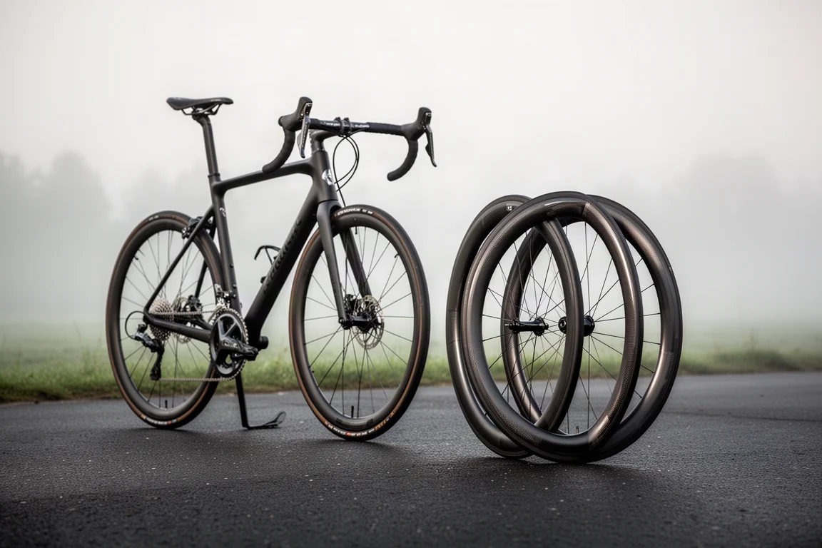 Bicicleta de carretera lista para rodar sobre asfalto junto a unas ruedas aero de perfil alto