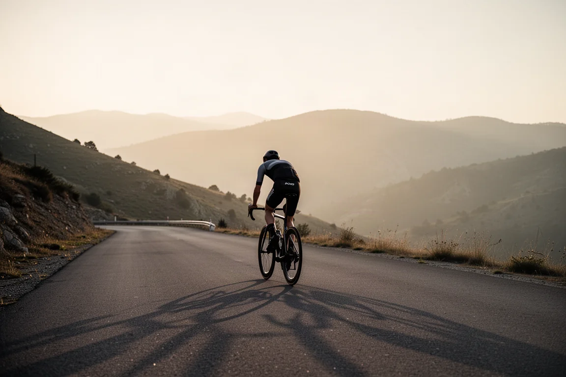 Ciclista rodando con una bicicleta de carretera aero en una carretera de montaña tranquila al amanecer