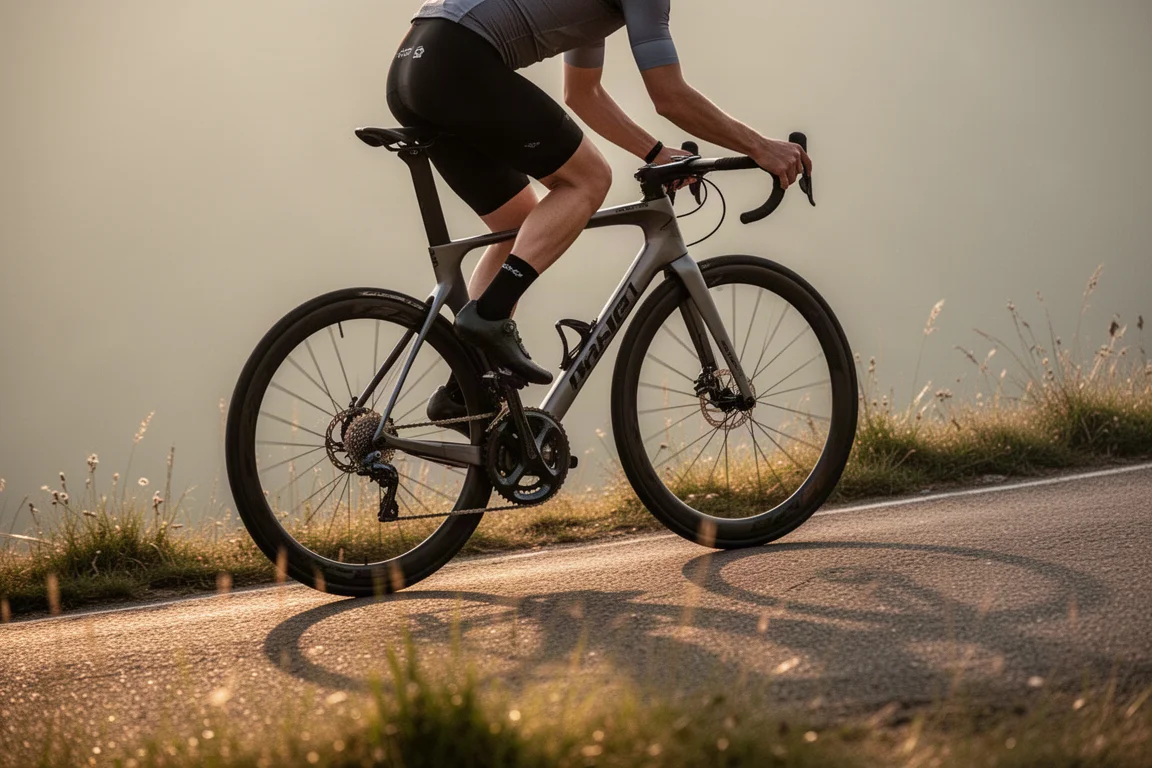 Radfahrer erklimmt eine kurze steile Straße auf einem Aero-Rennrad zur goldenen Stunde