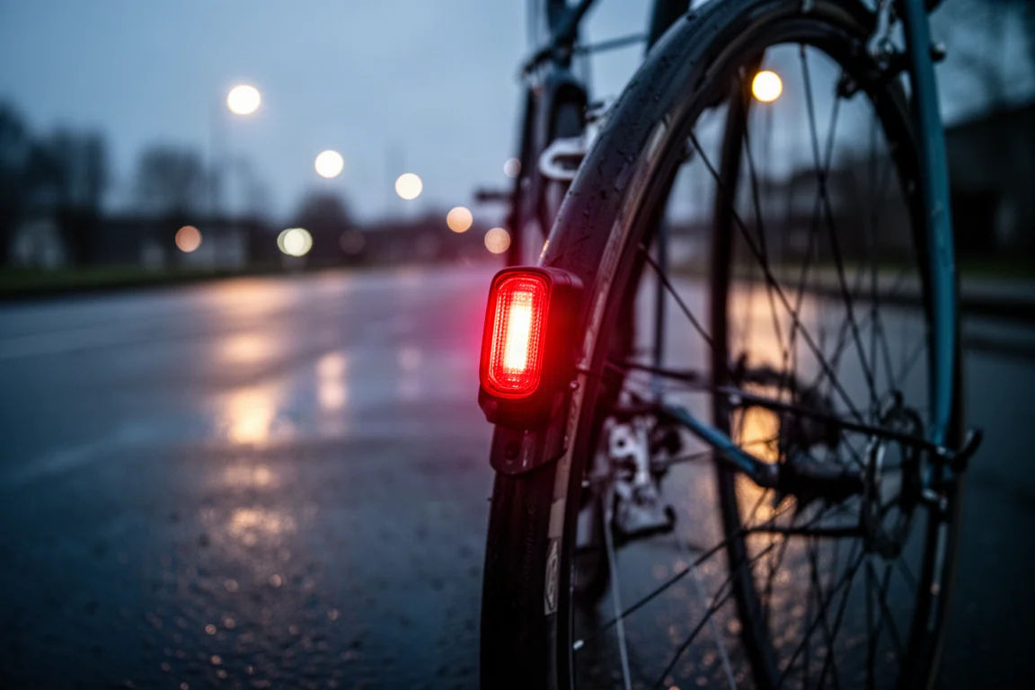 黃昏濕滑柏油路上,公路單車車尾的小型紅色尾燈亮起