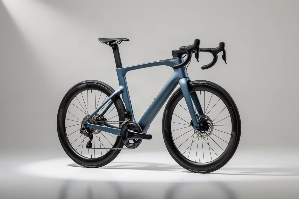 Aerodynamic carbon road bike with deep-section tubing on a light grey studio backdrop