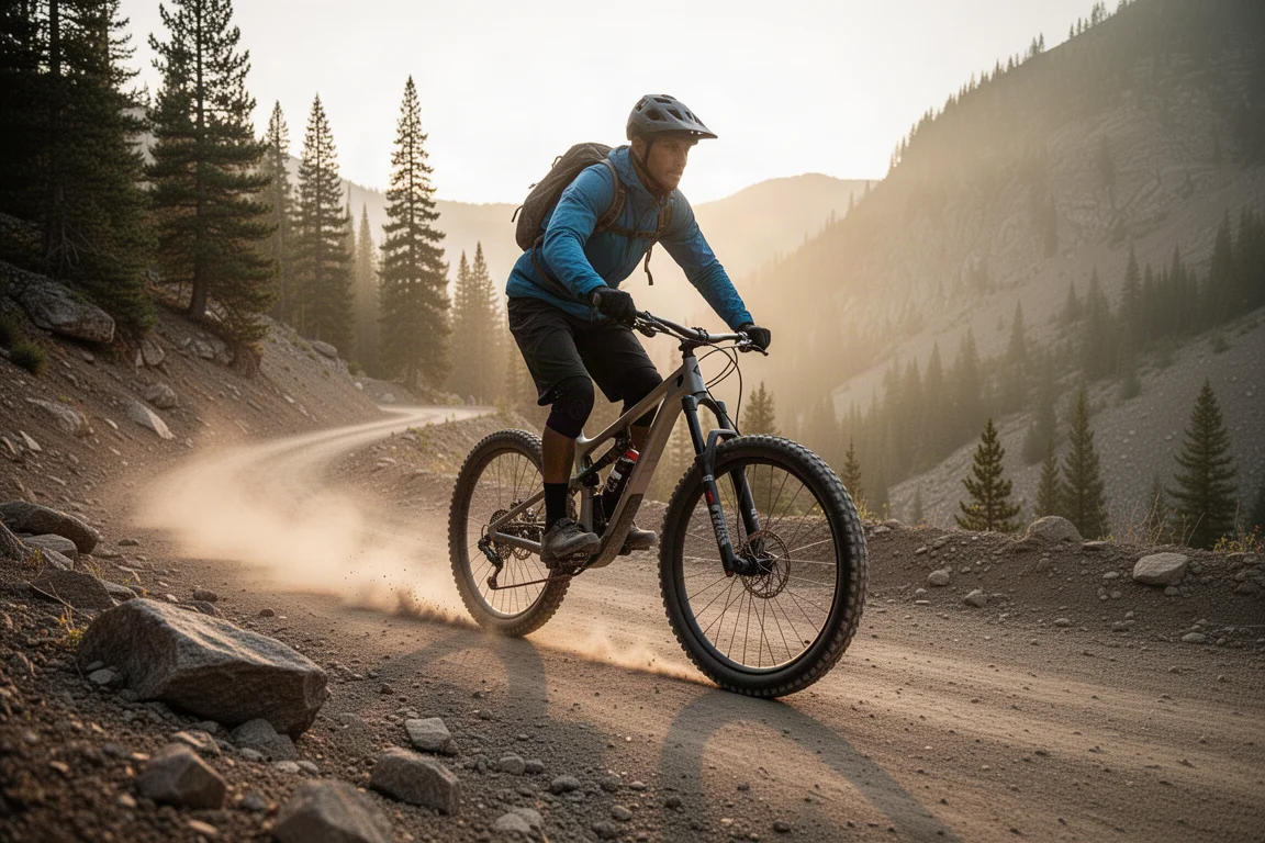 Trail rider climbing a steep alpine fire road on a full-suspension mountain bike