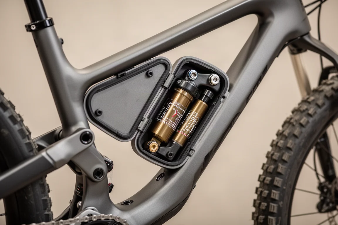 Close-up of a mountain bike frame door open to reveal an internally mounted rear shock
