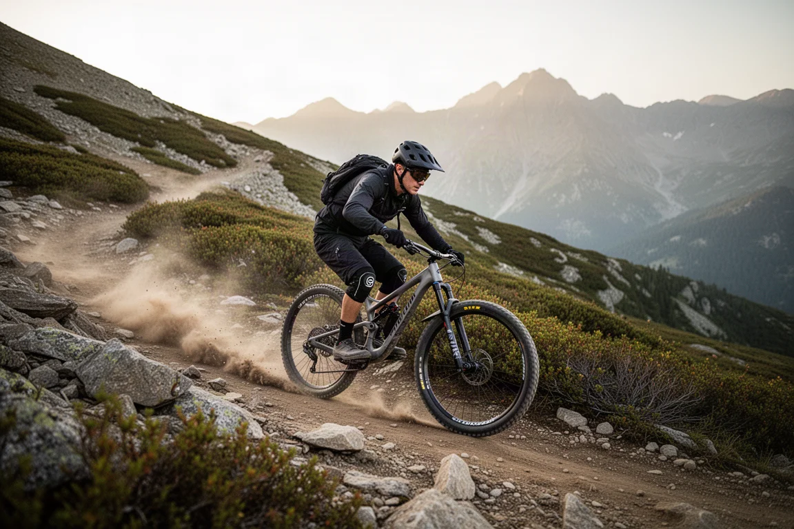 Mountain biker cornering on a loose rocky descent with dust trailing behind