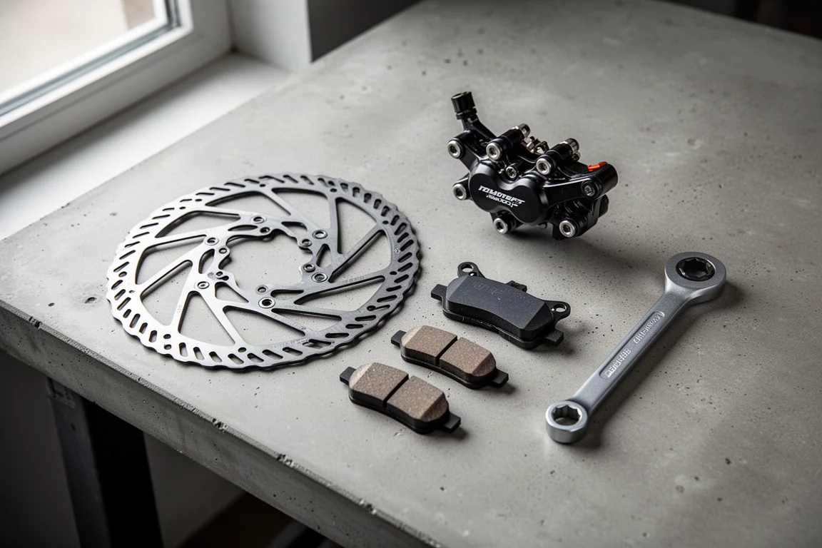 Pair of mountain bike brake rotors and calipers laid out on a workbench