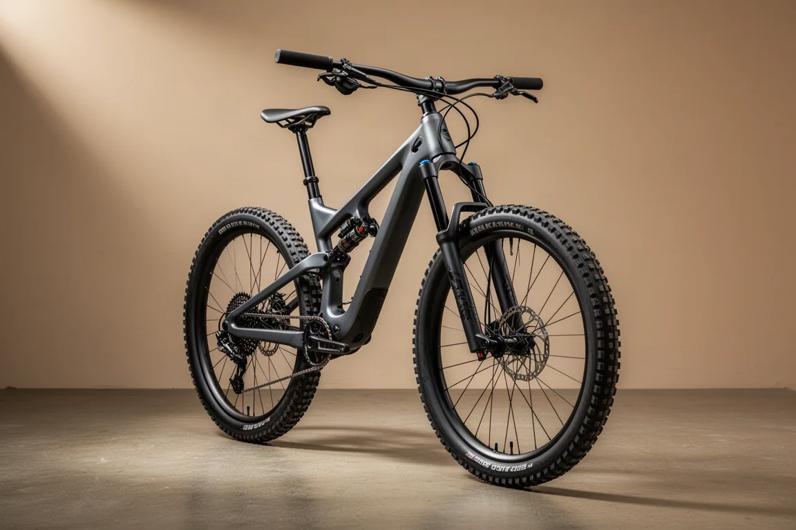 Bicicleta de montaña de trail con doble suspensión fotografiada en un ángulo de tres cuartos sobre hormigón