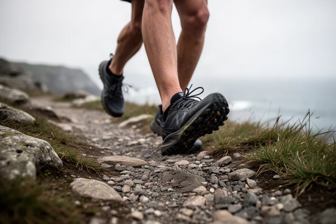 Voeten van een trailrunner op een rotsachtig kustpad in zacht, bewolkt licht