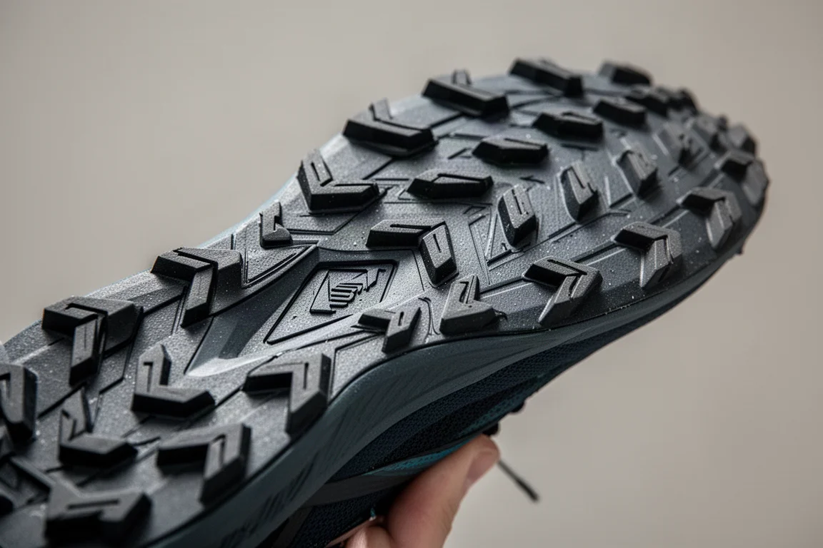 Close-up van de buitenzool van een trailrunningschoen met chevronvormige rubberen noppen