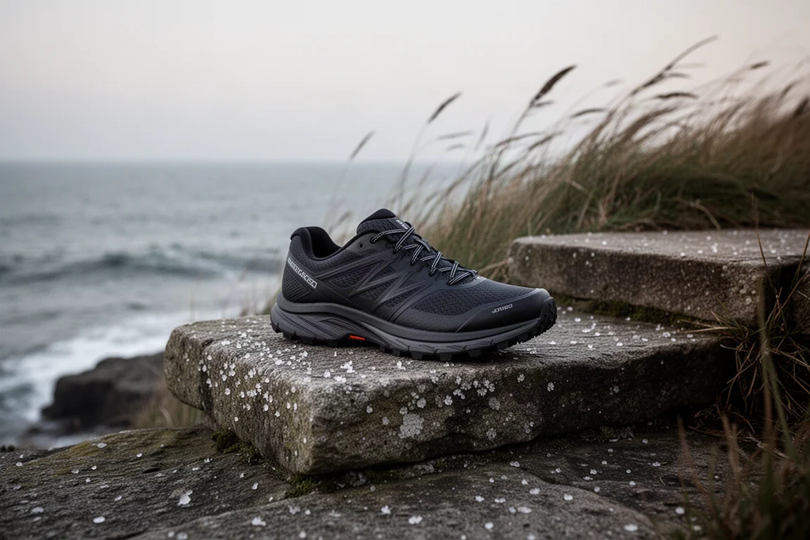 Trailrunningschoen rustend op stenen treden naast de zee in zacht avondlicht
