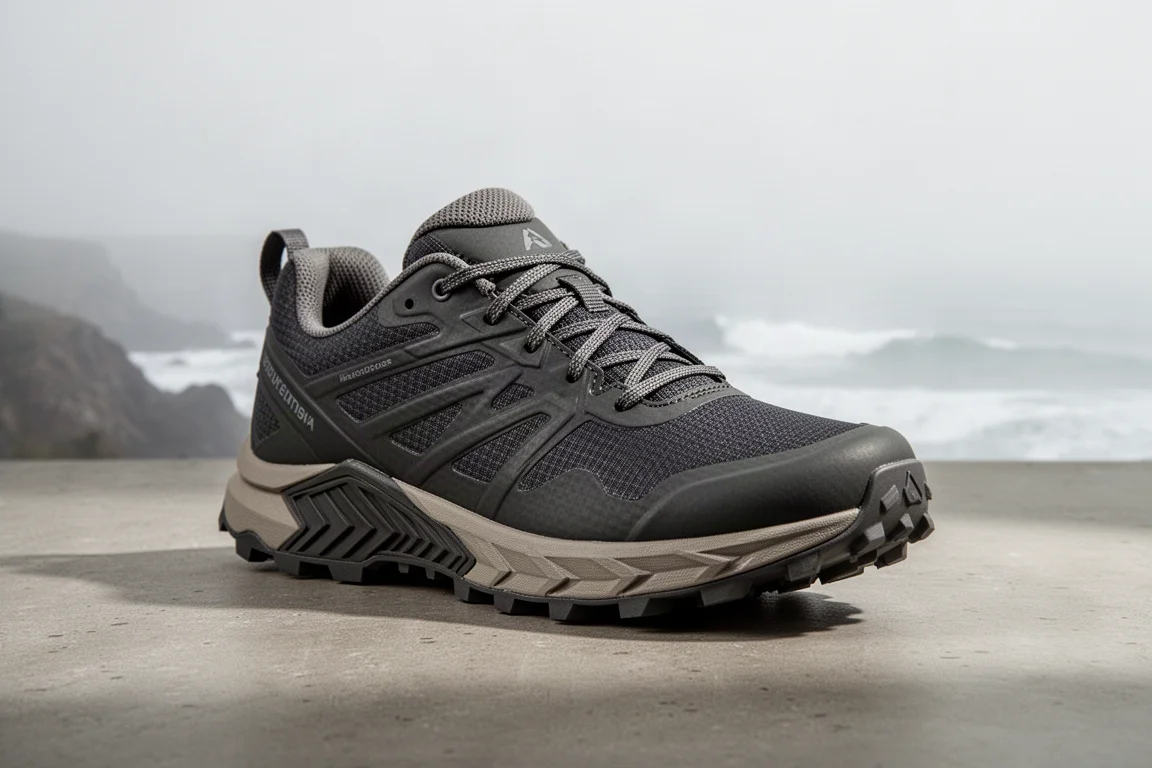 Dark trail running shoe with chevron lugs on a concrete surface