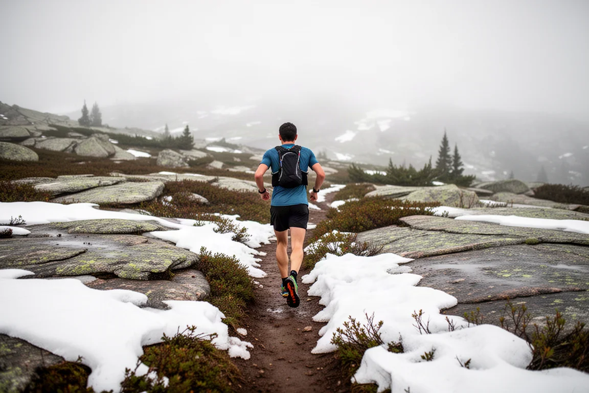 Trail runner su un sentiero singletrack innevato che serpeggia tra i panorami del Colorado