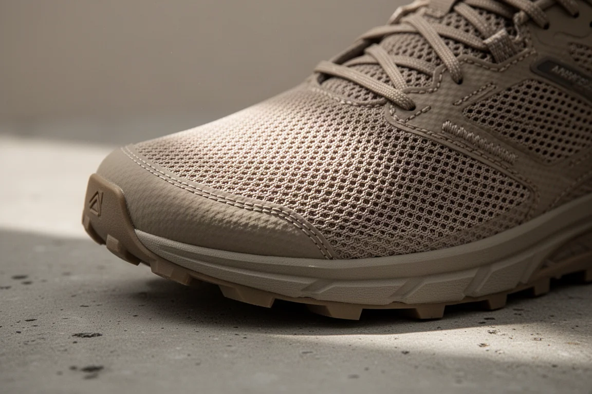 Primo piano della tomaia in mesh ingegnerizzato traspirante di una scarpa da trail