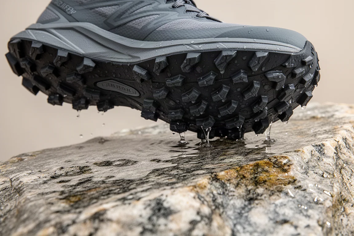 Suola di una scarpa da trail running con tacchetti da 4 mm su roccia bagnata