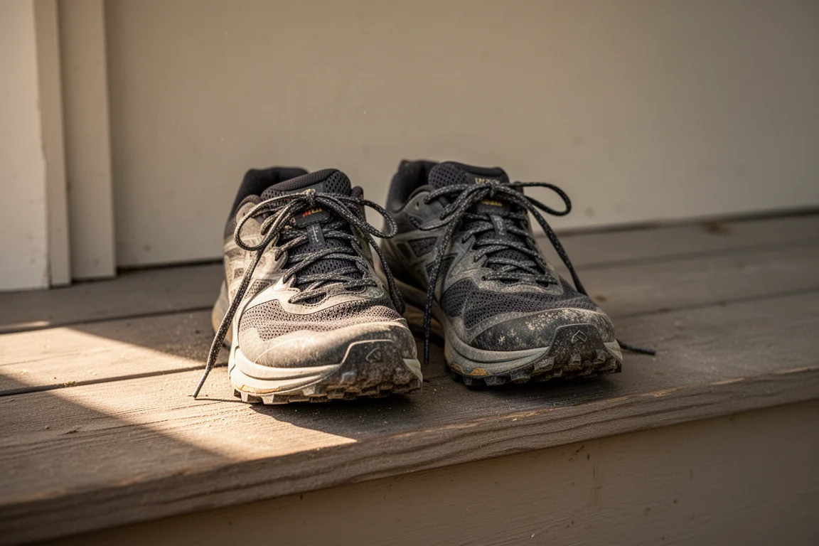 Scarpe da trail running appoggiate su una veranda di legno dopo una corsa