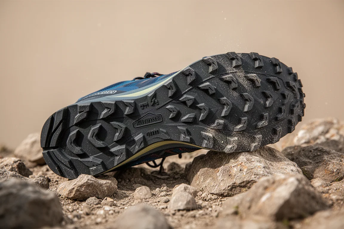 Primer plano de la suela de goma con tacos de una zapatilla de trail apoyada sobre terreno rocoso