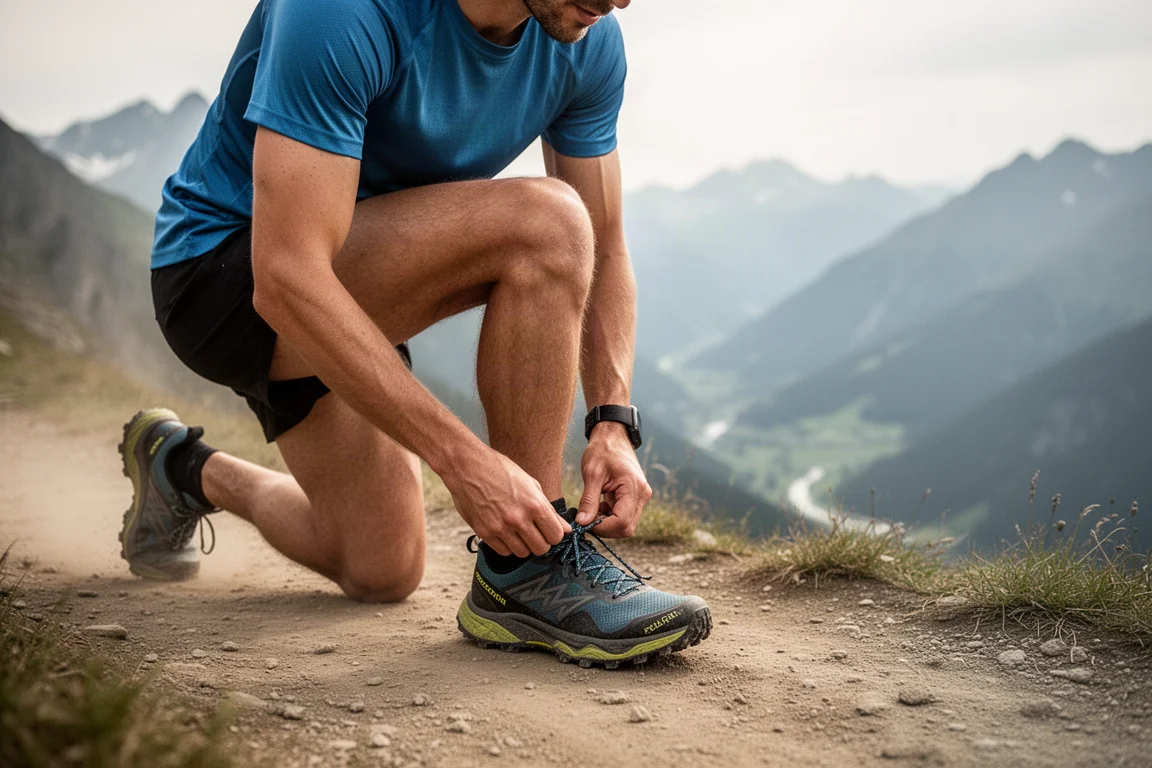 Corredor atándose los cordones de una zapatilla de trail junto a un sendero de montaña