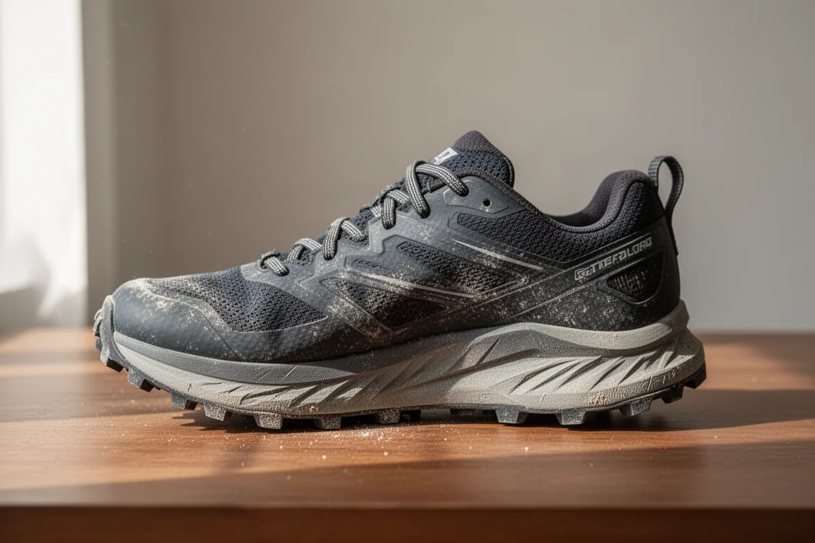 Zapatilla de trail running tras su uso sobre una superficie de madera mostrando un desgaste leve