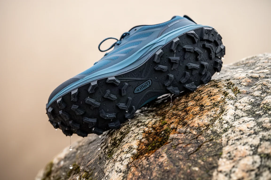 Suela exterior de una zapatilla de trail con tacos de 4 mm sobre roca mojada